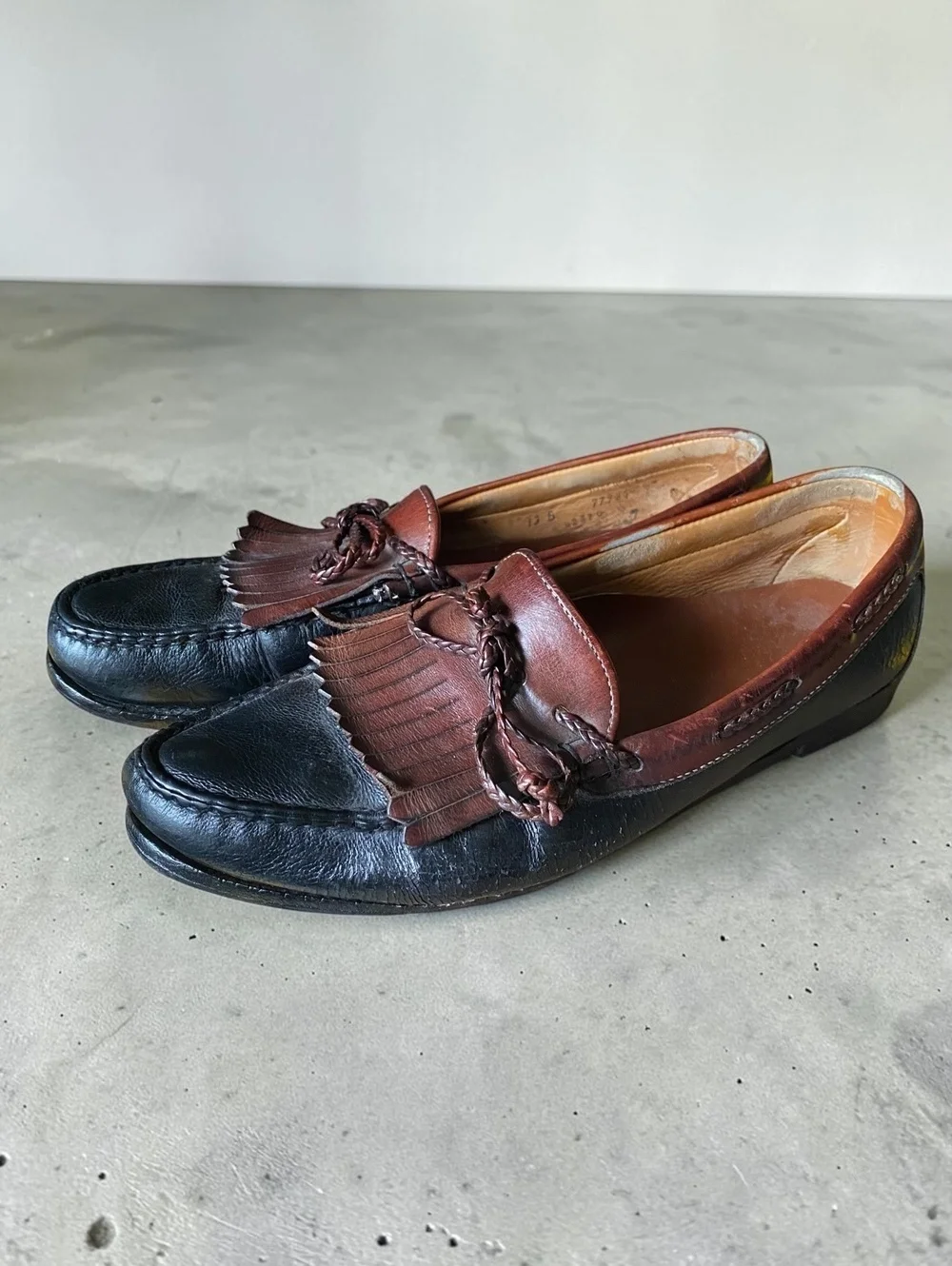 Vintage Mens Loafers Size 13 Kiltie Fringe Black Brown Leather 90s Dress Shoes
